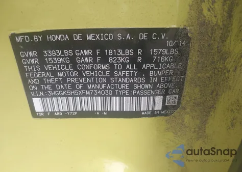 2015 Honda Fit Lx from USA, damaged, VIN 3HGGK5H5XFM734030